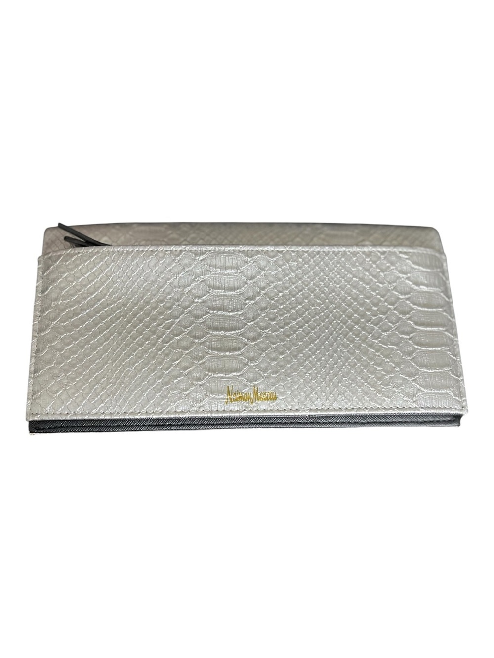 NEIMAN MARCUS Metallic Silver Snake Embossed Travel Wallet Organizer 9”x5” NWT
